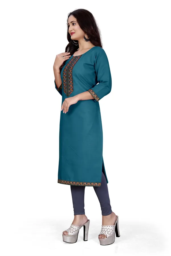 Teal_Blue_Cotton_Straight_Fit_Embroidered_Kurti_For_Women