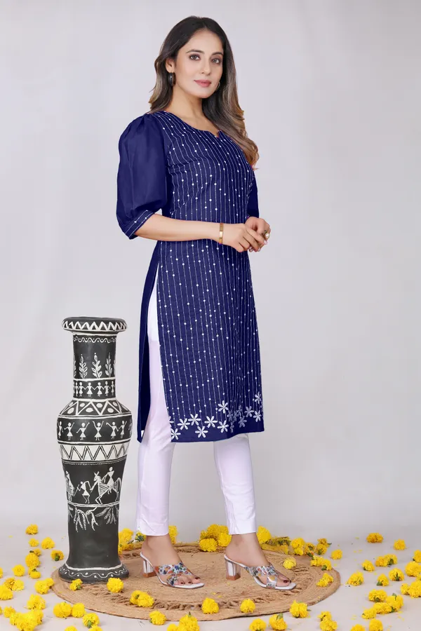 Navy_Blue_Cotton_Balloon_Sleeve_Embroidered_Kurta_For_Women