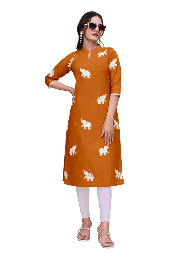 Orange_Cotton_Straight_Elephant_Print_Kurta_For_Women