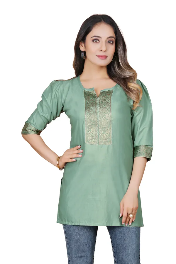 Green_Chanderi_Silk_Short_Brocade_Detail_Kurta_For_Women