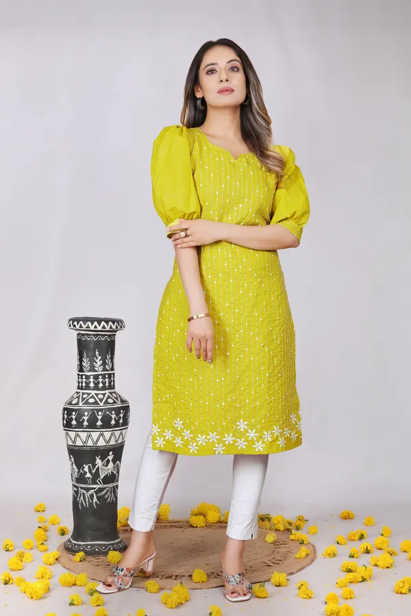 Yellow_Cotton_Puff_Sleeve_Floral_Embroidered_Kurti_For_Women