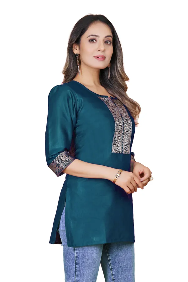 Teal_Silk_Straight_Embroidered_Yoke_Tunic_For_Women