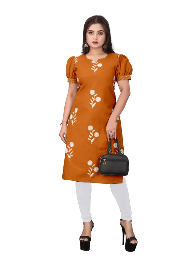 Orange_Cotton_Puff_Sleeve_Floral_Embroidered_Kurti_For_Women