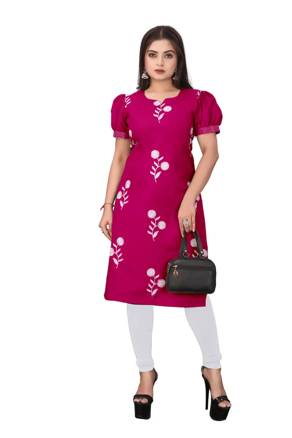 Pink_Cotton_Puff_Sleeve_Floral_Embroidered_Kurta_For_Women