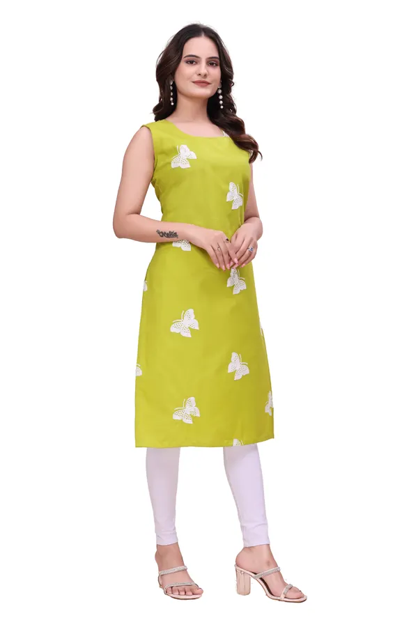 Lime_Green_Cotton_Sleeveless_Butterfly_Embroidered_Kurti_For_Women