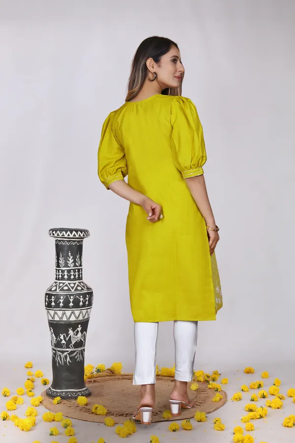 Yellow_Cotton_Puff_Sleeve_Floral_Embroidered_Kurti_For_Women