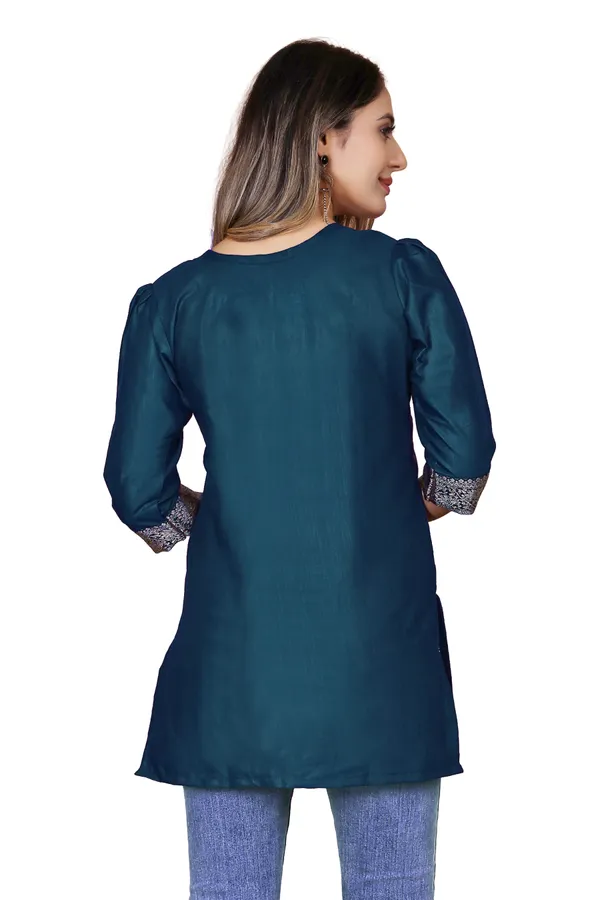Teal_Silk_Straight_Embroidered_Yoke_Tunic_For_Women