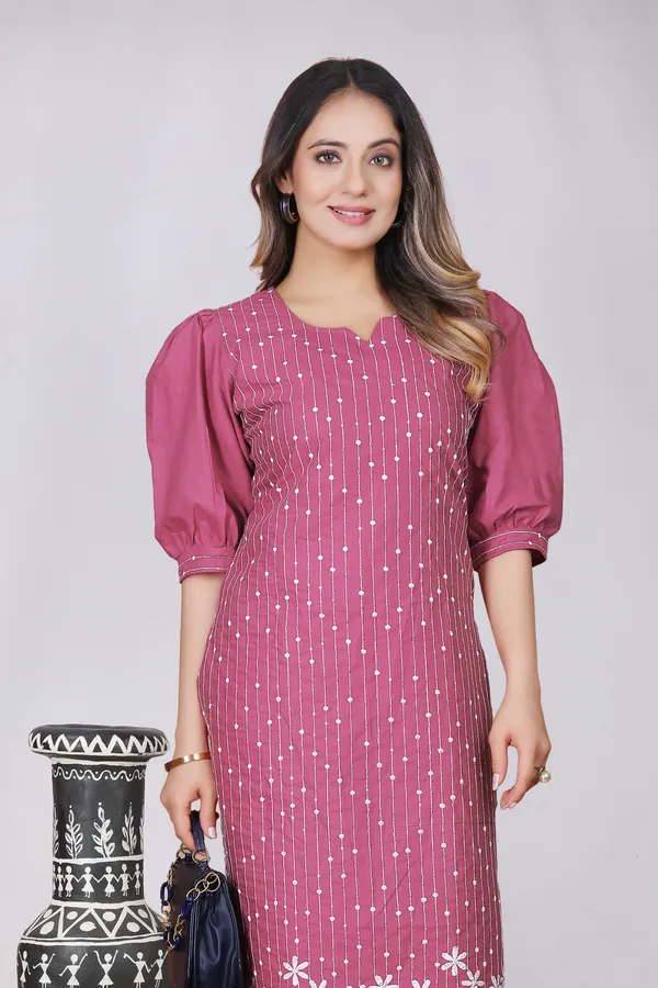 Pink_Cotton_Puff_Sleeve_Embroidered_Straight_Kurti_For_Women