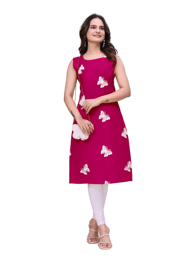 Magenta_Rayon_Sleeveless_Butterfly_Print_Kurti_For_Women