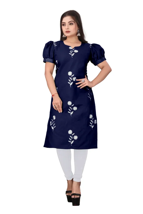 Navy_Blue_Cotton_Puff_Sleeve_Floral_Embroidered_Kurti_For_Women