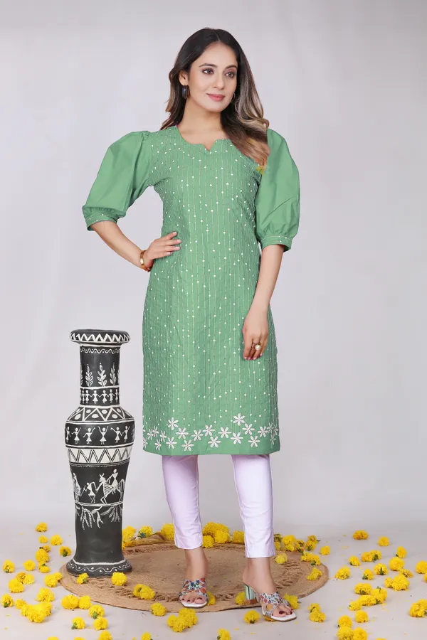 Green_Cotton_Puff_Sleeve_Embroidered_Kurta_For_Women