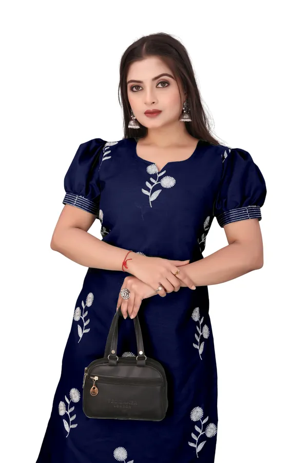Navy_Blue_Cotton_Puff_Sleeve_Floral_Embroidered_Kurti_For_Women