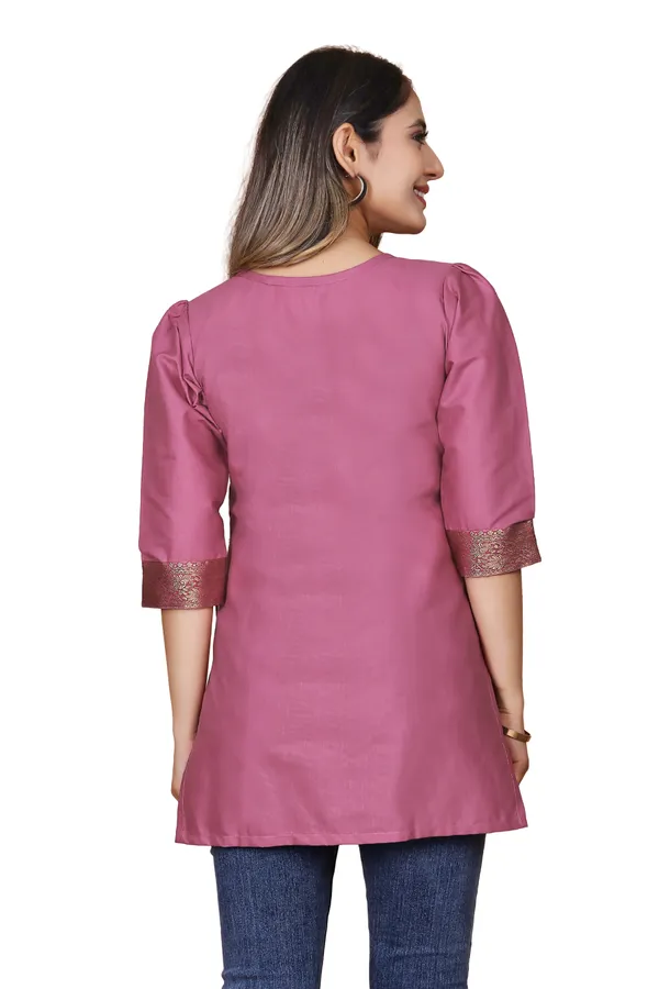 Pink_Cotton_Straight_Brocade_Detail_Short_Kurti_For_Women