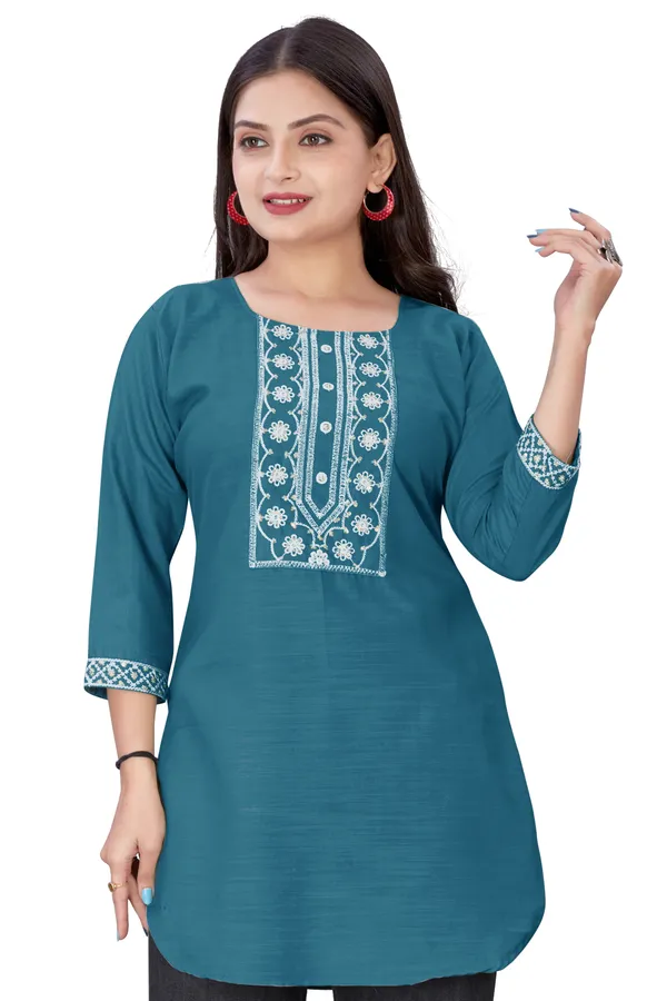 Teal_Blue_Cotton_Straight_Embroidered_Kurti_For_Women