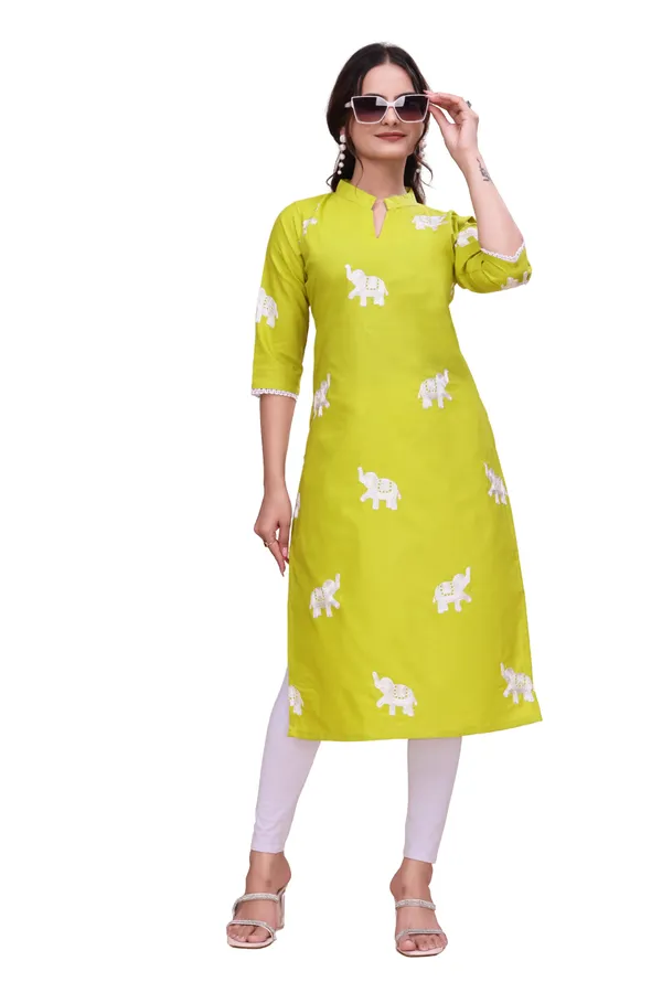 Yellow_Cotton_Straight_Elephant_Print_Kurta_For_Women