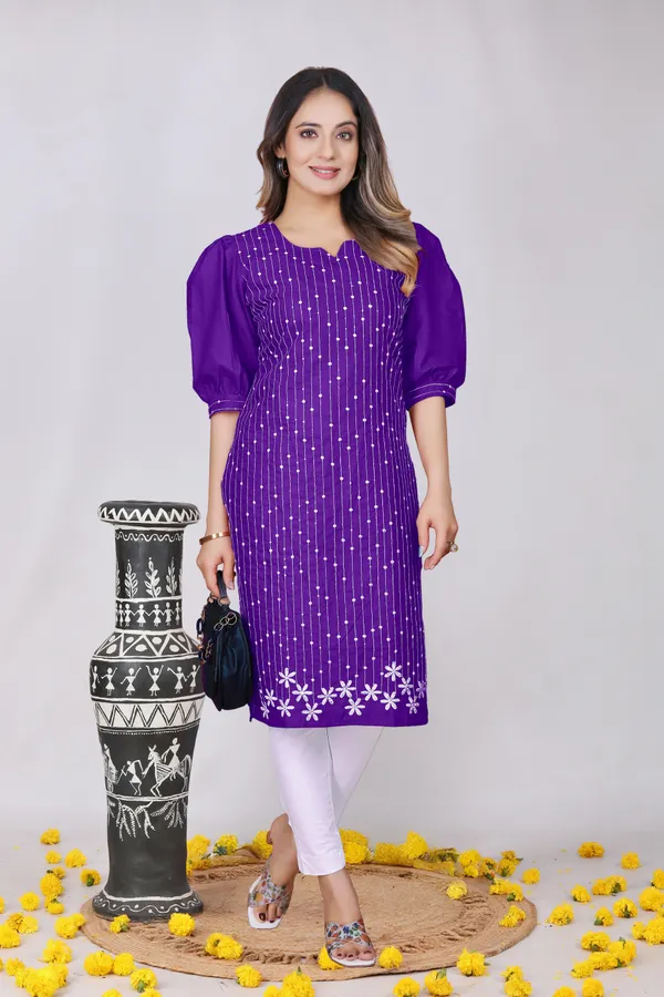 Purple_Cotton_A-Line_Puff_Sleeve_Embroidered_Kurti_For_Women