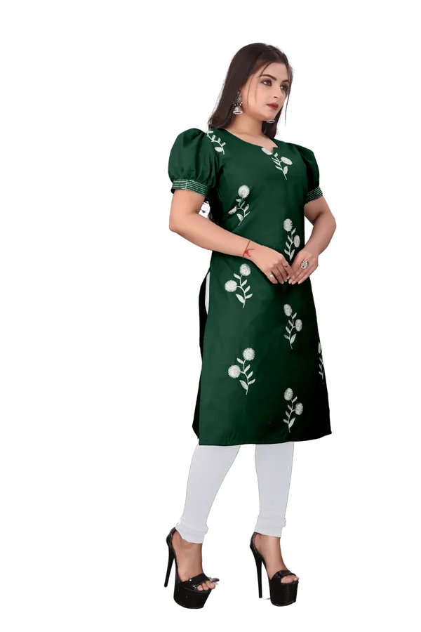 Green_Cotton_Puff_Sleeve_Floral_Embroidered_Kurta_For_Women