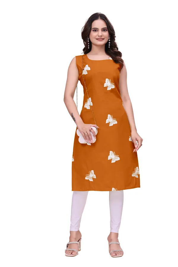 Orange_Cotton_Sleeveless_Butterfly_Embroidered_Kurti_For_Women