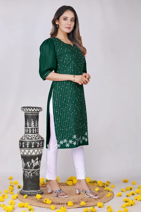 Dark_Green_Cotton_Straight_Striped_Embroidered_Kurti_For_Women