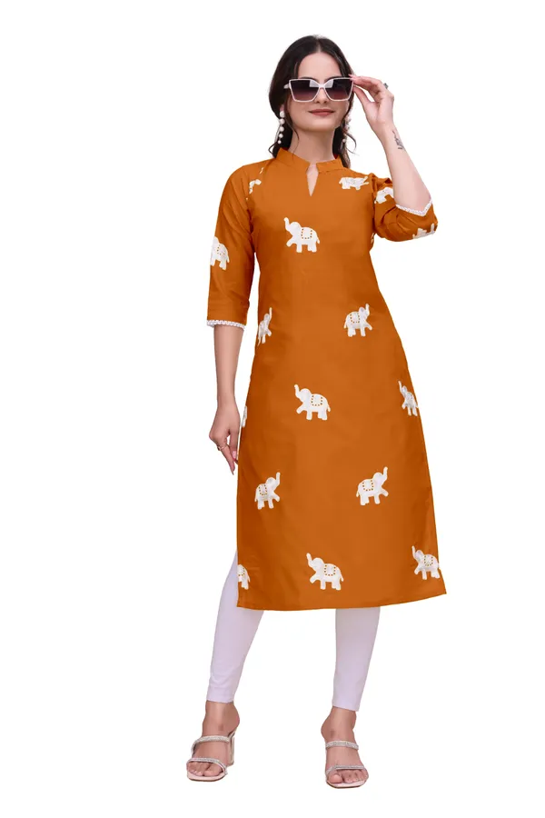 Orange_Cotton_Straight_Elephant_Print_Kurta_For_Women