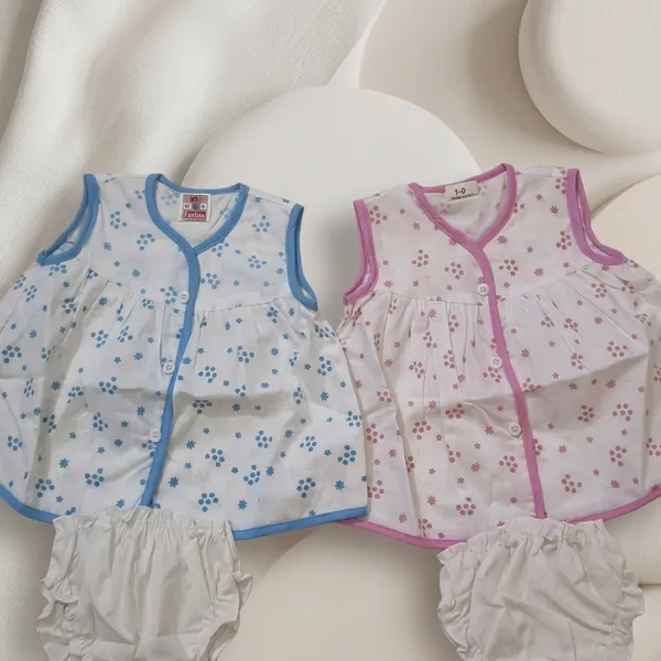 White_Cotton_Sleeveless_Floral_Print_Frock_With_Bloomer_Set_For_Baby_Girls