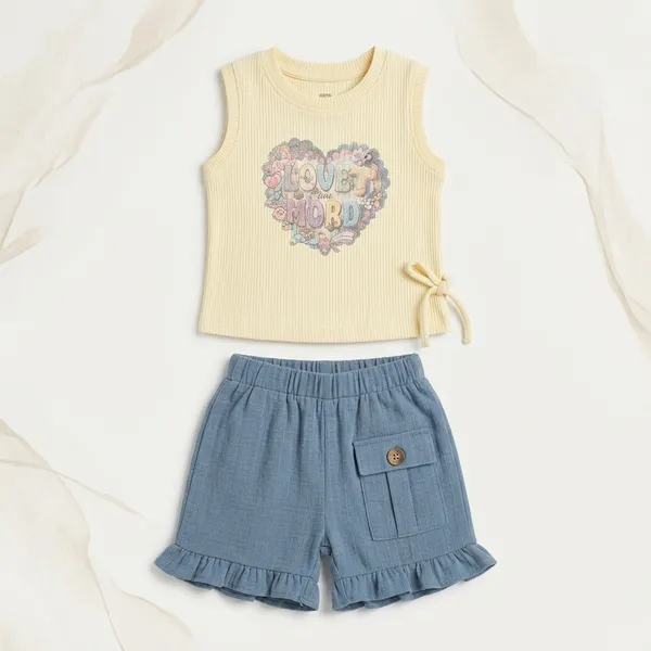 Cream_And_Blue_Cotton_Sleeveless_Printed_Top_And_Ruffle_Shorts_Set_For_Girls