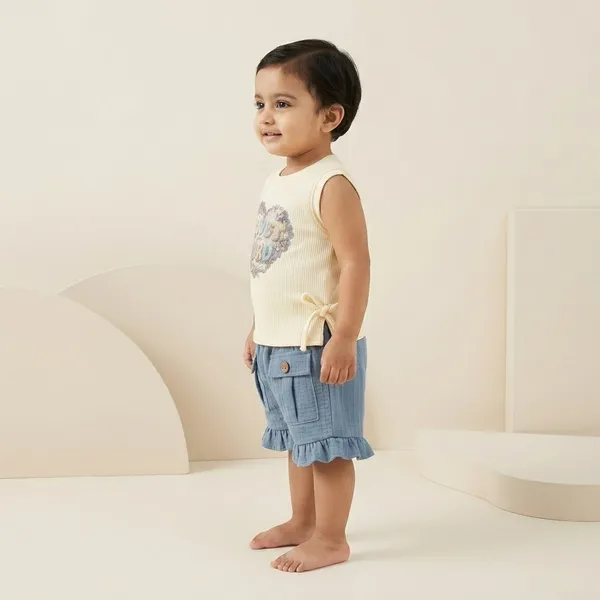 Cream_And_Blue_Cotton_Sleeveless_Printed_Top_And_Ruffle_Shorts_Set_For_Girls