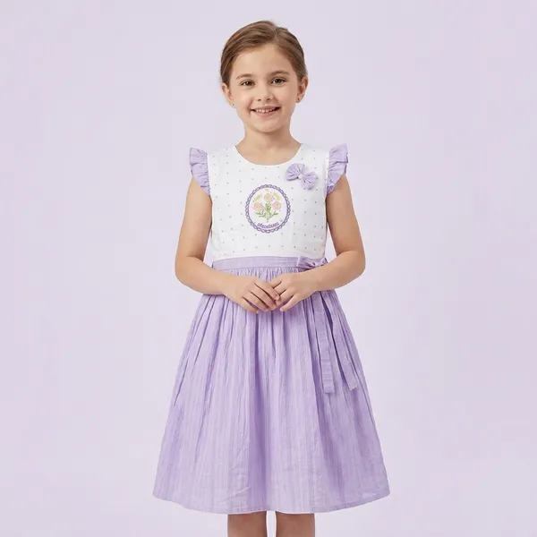White_And_Purple_Cotton_Polka_Dot_Embroidered_Dress_For_Girls