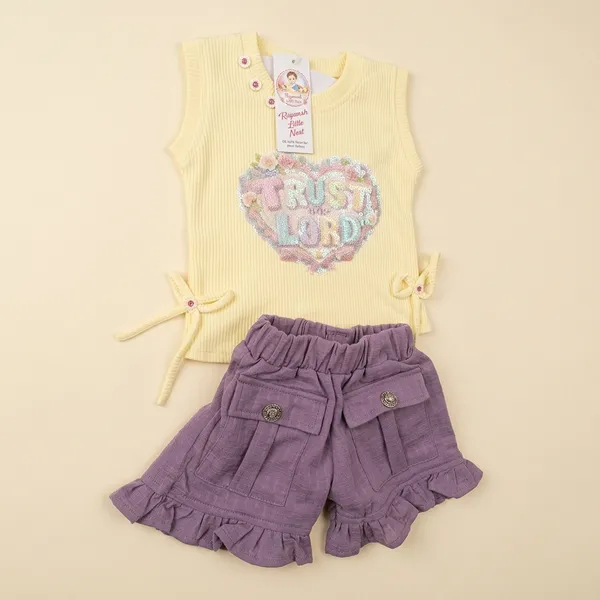 Yellow_And_Purple_Cotton_Sleeveless_Top_And_Ruffle_Shorts_Set_For_Baby_Girls