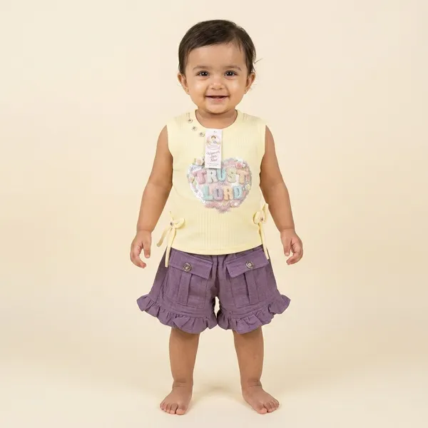Yellow_And_Purple_Cotton_Sleeveless_Top_And_Ruffle_Shorts_Set_For_Baby_Girls