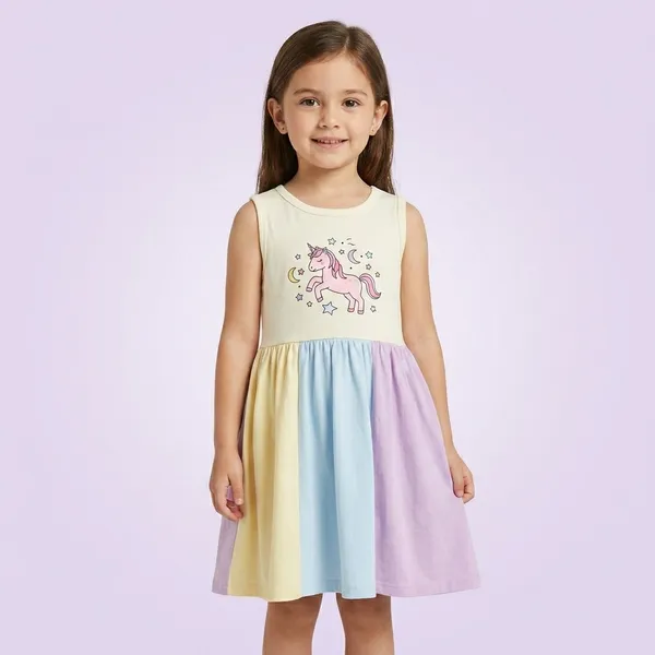 White_And_Lavender_Cotton_Unicorn_Print_Sleeveless_Dress_For_Girls