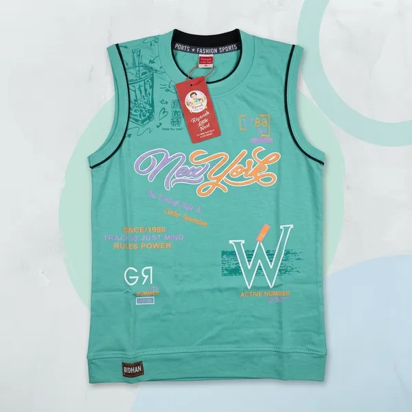 Teal_And_Black_Cotton_Graphic_Sleeveless_T-Shirt_And_Shorts_Set_For_Boys