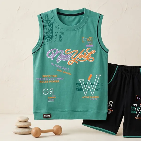 Teal_And_Black_Cotton_Graphic_Sleeveless_T-Shirt_And_Shorts_Set_For_Boys