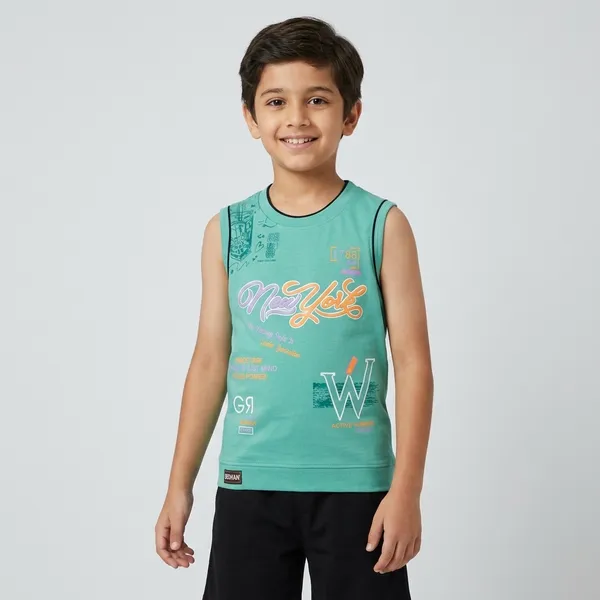 Teal_And_Black_Cotton_Graphic_Sleeveless_T-Shirt_And_Shorts_Set_For_Boys