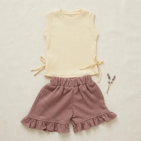 Off_White_And_Mauve_Cotton_Ribbed_Sleeveless_Top_And_Shorts_Set_For_Girls