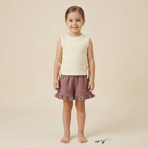 Off_White_And_Mauve_Cotton_Ribbed_Sleeveless_Top_And_Shorts_Set_For_Girls