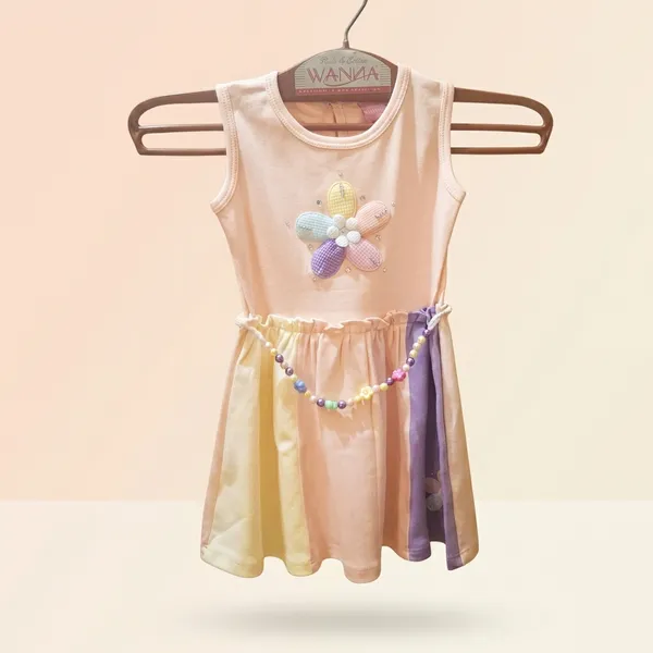 Multicolor_Cotton_Flower_Applique_Sleeveless_Dress_For_Baby_Girls