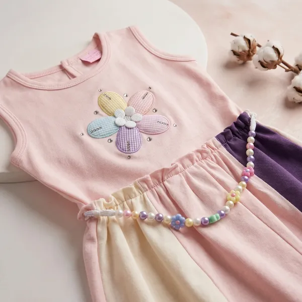 Multicolor_Cotton_Flower_Applique_Sleeveless_Dress_For_Baby_Girls