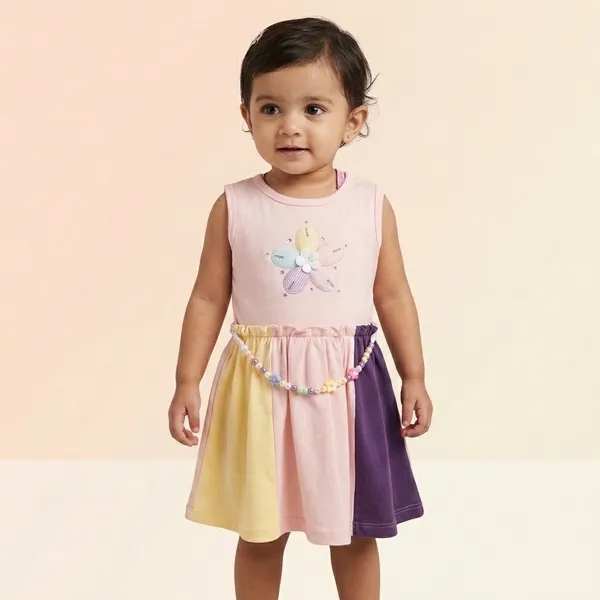 Multicolor_Cotton_Flower_Applique_Sleeveless_Dress_For_Baby_Girls