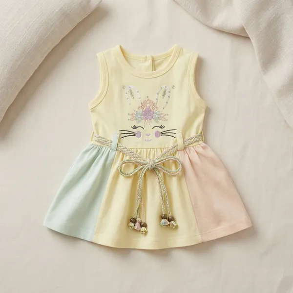 Yellow_Cotton_Bunny_Embroidered_Belted_Sleeveless_Dress_For_Baby_Girls