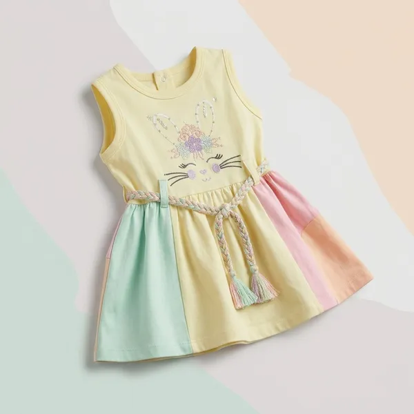 Yellow_Cotton_Bunny_Embroidered_Belted_Sleeveless_Dress_For_Baby_Girls