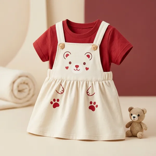 Red_And_Cream_Cotton_Bear_Print_Pinafore_Dress_For_Baby_Girls