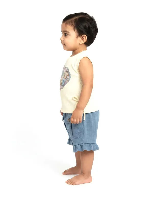 Cream_And_Blue_Cotton_Sleeveless_Printed_Top_And_Ruffle_Shorts_Set_For_Girls
