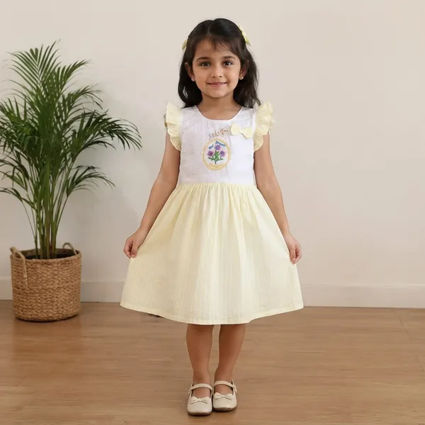 White_And_Yellow_Cotton_Flutter_Sleeve_Embroidered_Dress_For_Girls