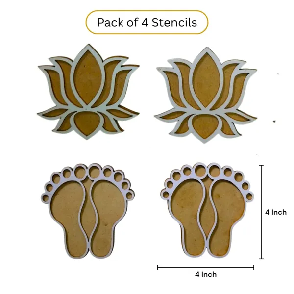 4_Inch_Rangoli_Stencils_Combo_Set_Of_4_Lotus_Charan_Design_Wooden_Mdf_Reusable_Templates_For_Diwali_Navratri_Pooja_Festive_Home_Decoration