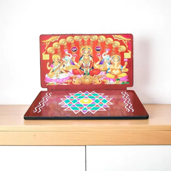 Diwali_Puja_Chowki_Stand_Decorative_Wooden_Altar_With_Rangoli_Design_Featuring_Lakshmi_Ganesha_Vishnu_Saraswati_Sri_Yantra_15x10_Cm