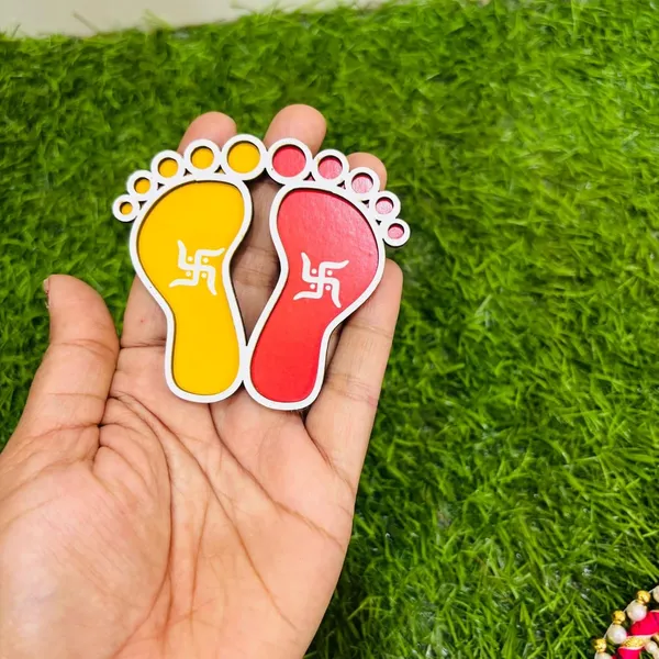 Artnest_Maha_Lakshmi_Charan_Paduka_Wall_Decor_Hindu_Religious_Footprints_3_Inch_Yellow_And_Red_Pack_Of_2
