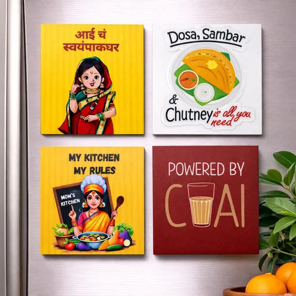 Indian_Food_Lover_Fridge_Magnet_Combo_Set_Of_4_Aai_Ch_Swampakghar_My_Kitchen_My_Rules_Powered_By_Chai_Dosa_Sambar_Chutney_Funny_Magnets
