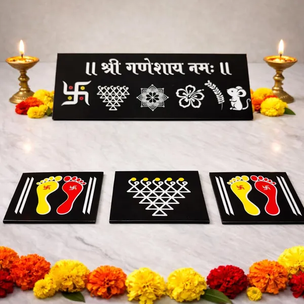 Ganesha_Black_Chitrangan_Combo_Set_12x4_Inch_Wooden_Frame_With_Lakshmi_Charan_Saraswati_Yantra_Set_Of_4_Reusable_Ready_Rangoli_For_Pooja_Room_Mandir_Home_Entrance