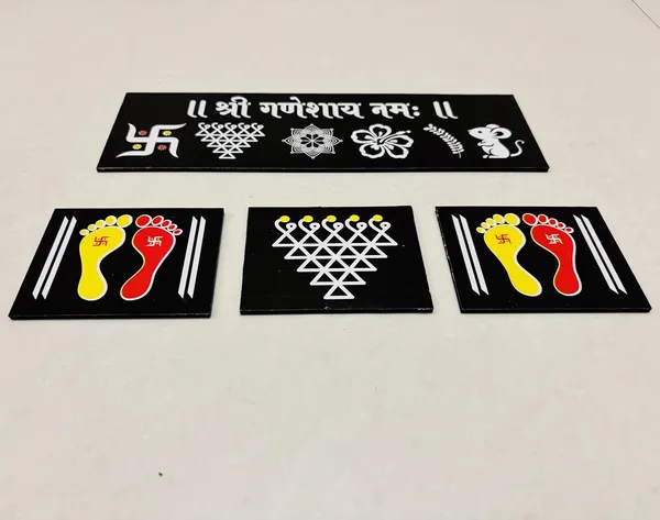 Ganesha_Black_Chitrangan_Combo_Set_12x4_Inch_Wooden_Frame_With_Lakshmi_Charan_Saraswati_Yantra_Set_Of_4_Reusable_Ready_Rangoli_For_Pooja_Room_Mandir_Home_Entrance